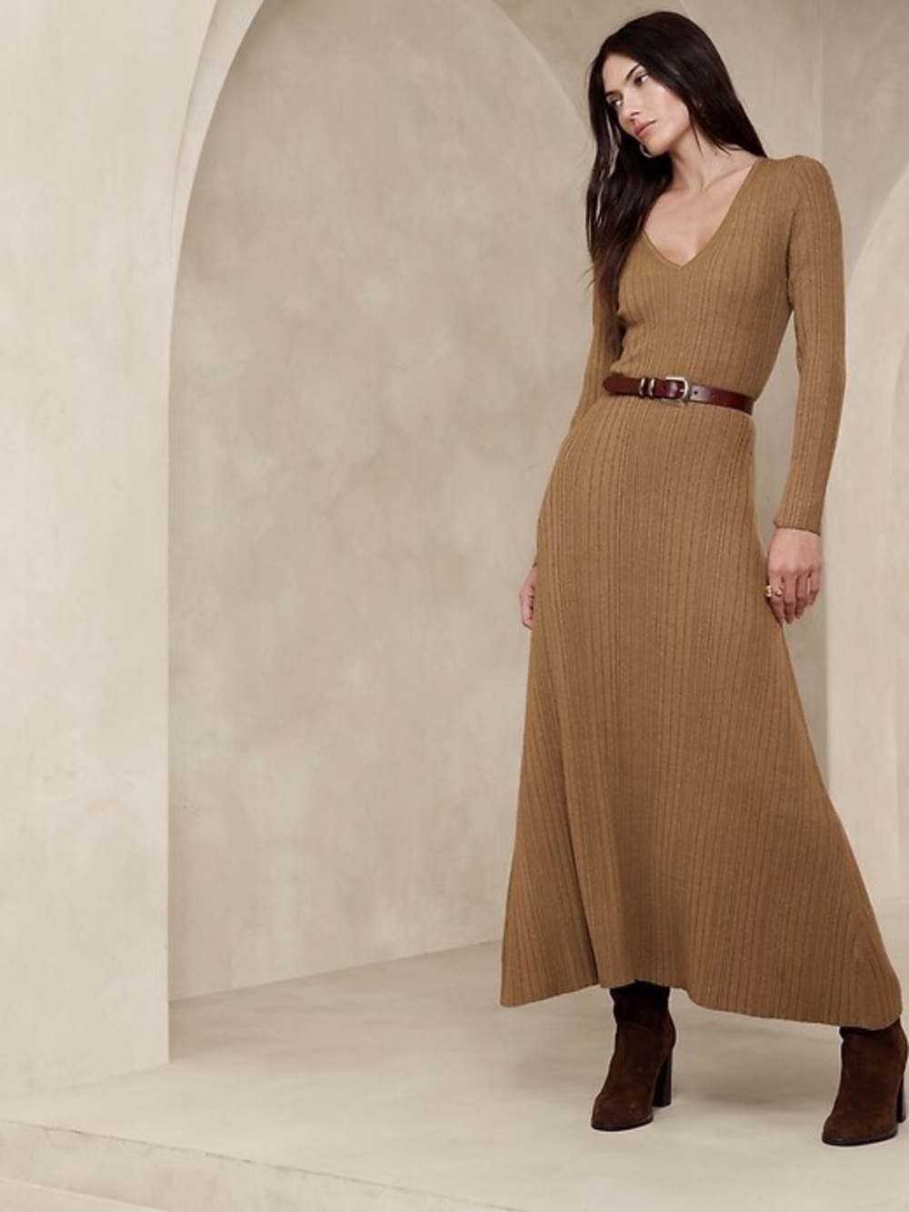 Banana Republic Cece Maxi Sweater Dress in Camel Heather